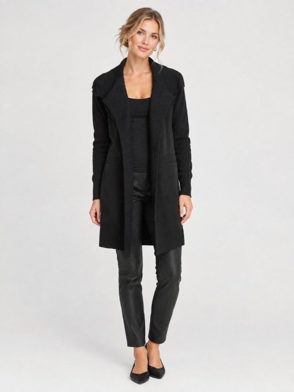 T TAHARI Ribbed Shawl Open-Front Longline Cardigan Black Small #A4600